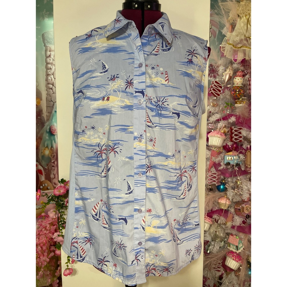 Kim Rogers Sleeveless Button Down Women Medium Blue Good Nautical Tropical Shirt